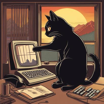 A black cat sitting at a computer